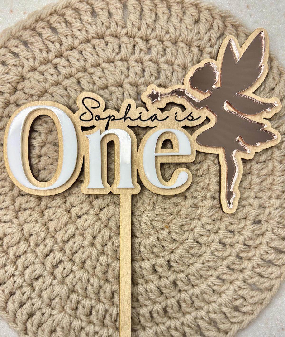 Personalized Fairy Cake Topper: Rose Gold Mirrored Acrylic, First Birthday