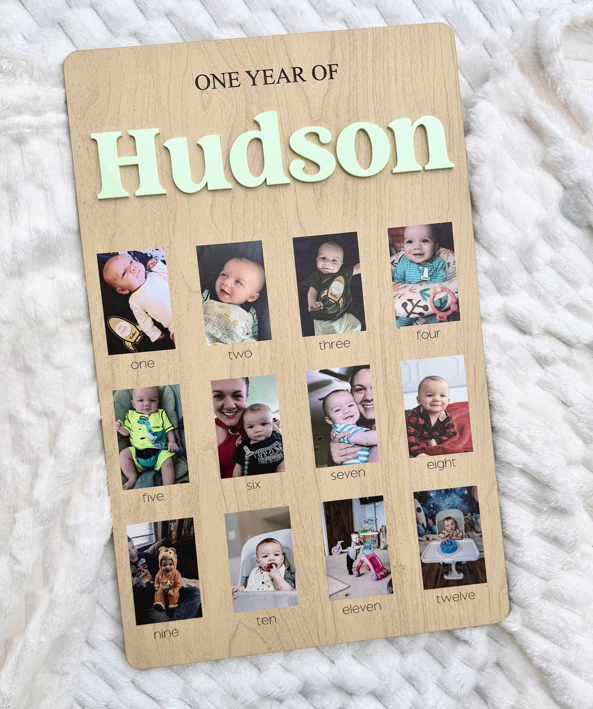Monthly Milestone Birthday Photo Board: Wooden First Year Picture Display