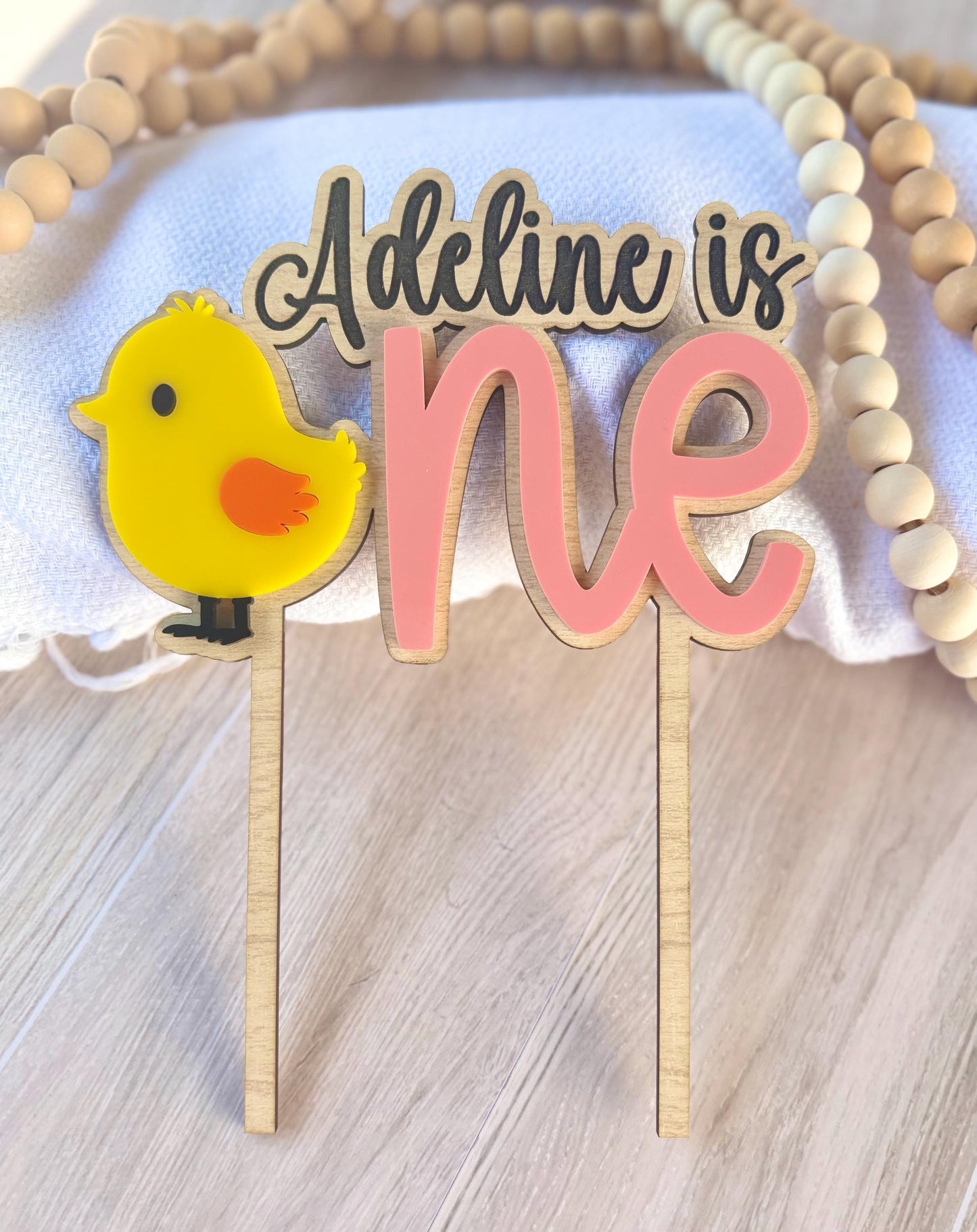 Personalized Chick Cake Topper, Maple Wood & Acrylic