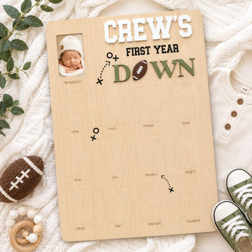 First Year Down Photo Board: Football Theme, Wooden Picture Display
