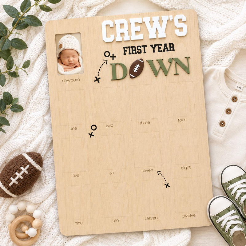 First Year Down Photo Board: Football Theme, Wooden Picture Display