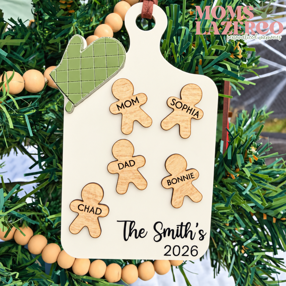 Gingerbread Family Christmas Ornament, Custom Name Ornament, Kitchen Tree Decor